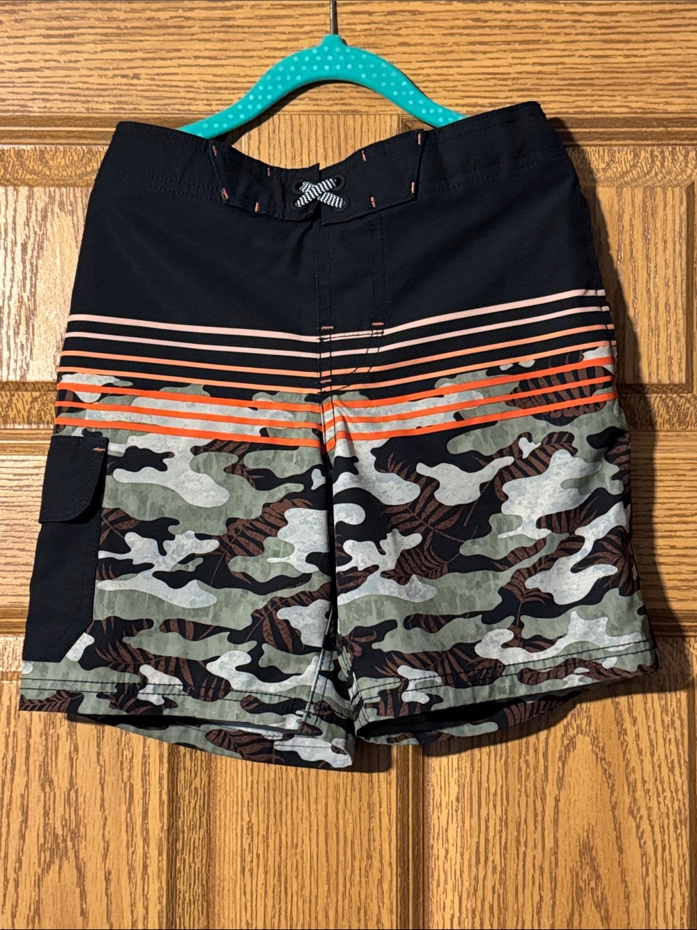 wonder nation Black Camo swim Shorts with Orange Stripe